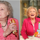 Betty White eating hot dog and posing with birthday cake